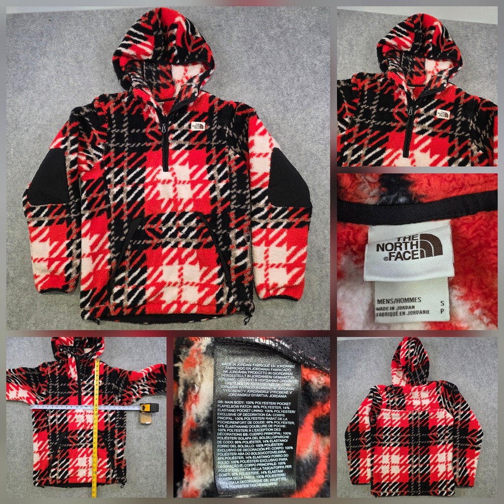 The North Face Cabin Fleece Hoodie Mens Small Red Plaid Sherpa 1/4 Zip Pullover